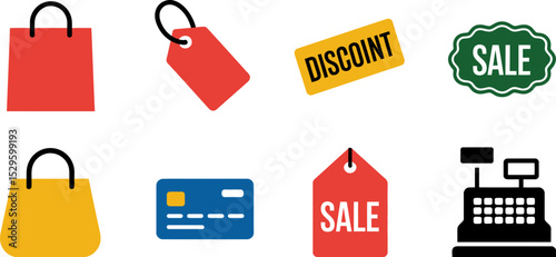 Shopping sale discount retail store purchase buy shop price tag credit card cash register vector icon set editable stock vector illustration