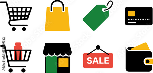 Shopping online e commerce retail store market sale discount price tag cart bag wallet credit 100char editable stock vector illustration