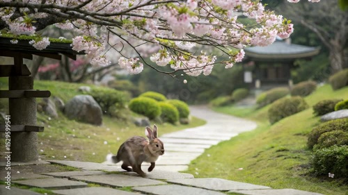 Rabbit walking in the japanese sakura garden