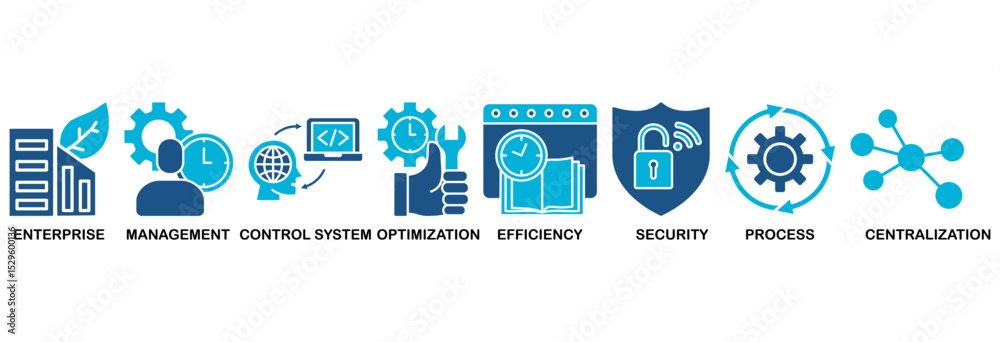 Naklejka premium Industrial control system icon set vector illustration concept with icon of enterprise, management, control system, optimization, efficiency, security, process, centralization