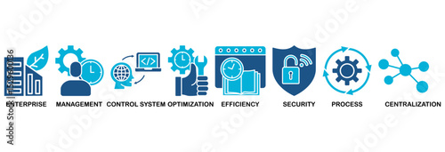 Industrial control system icon set vector illustration concept with icon of enterprise, management, control system, optimization, efficiency, security, process, centralization