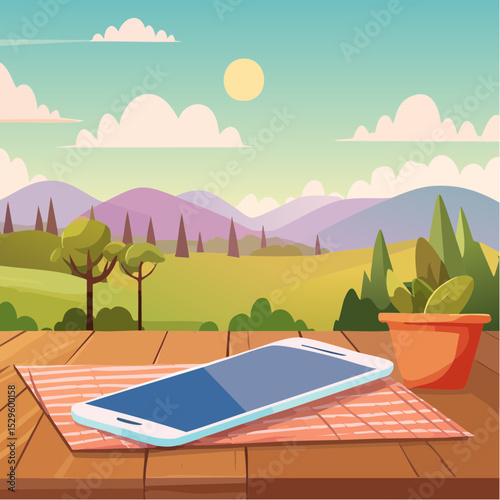 Serene Landscape Smartphone on Wooden Table, Peaceful Nature View