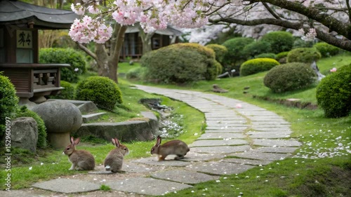 3 rabbits playing in the sakura japanese garden
