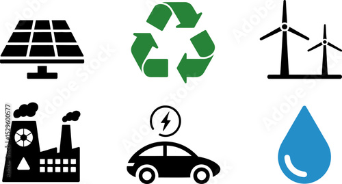 Eco friendly energy sources solar panel wind turbine recycle electric car water factory icon set vector editable stock vector illustration