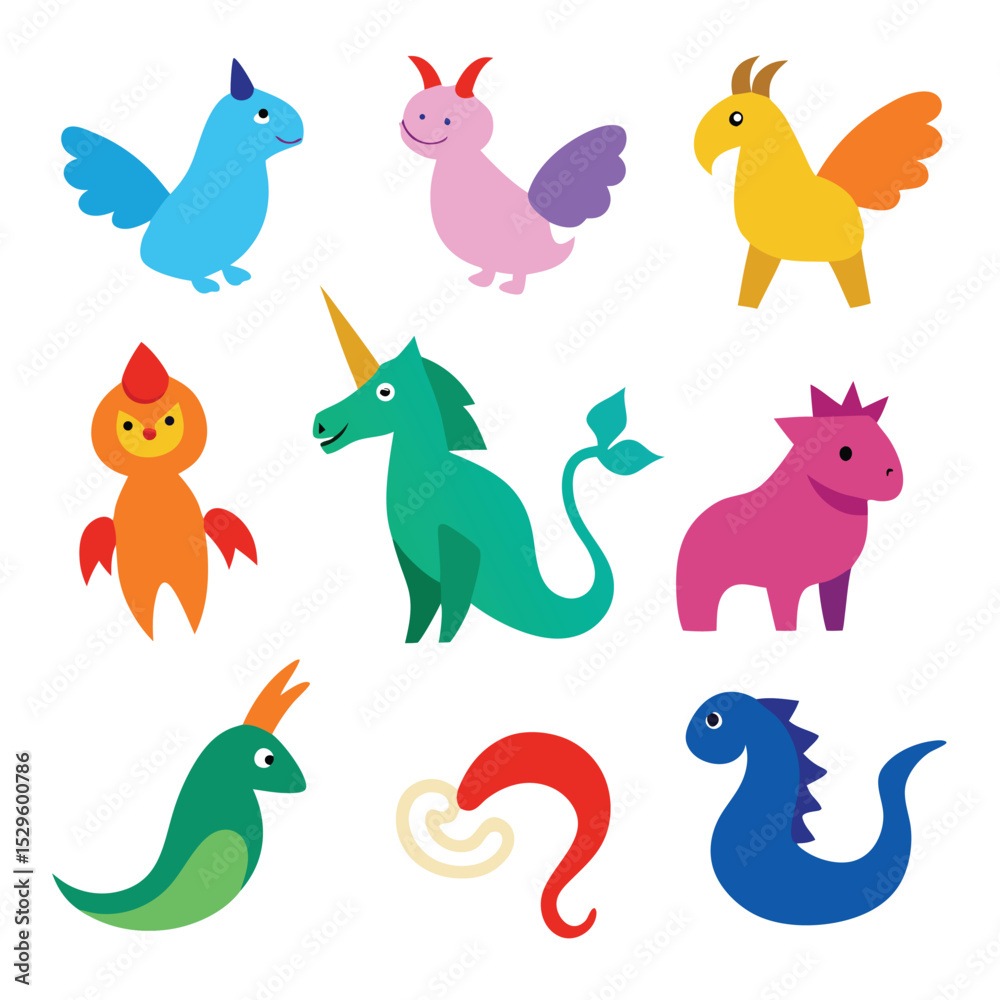 Naklejka premium mythical creature set of vector doodle icon on transparent background