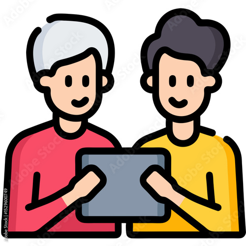 Two Smiling Individuals Sharing a Tablet Representing Collaboration and Connection