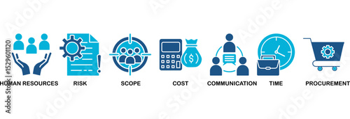Project management icon set vector illustration concept with icon of human resources, risk, scope, cost, communication, time and procurement