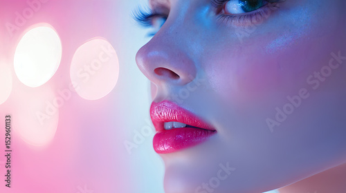 Close-up of woman with glossy lips and bright makeup in soft neon lighting