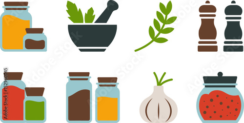 Illustration of culinary herbs and spices in jars and mortar for food blog or recipe website design editable stock vector illustration