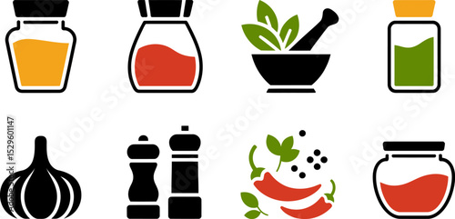 Spice jars and herbs vector illustration for cooking and seasoning ingredients kitchen spices set design editable stock vector illustration