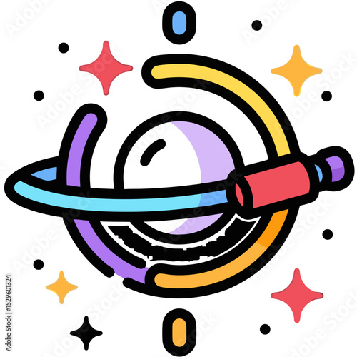 Vibrant Cosmic Orb with Orbiting Telescope and Stars