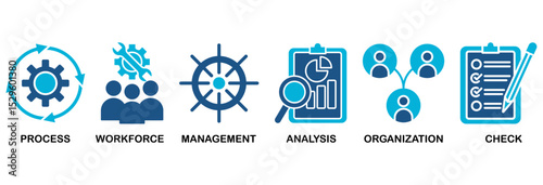 Total quality management icon set vector illustration concept with icon of process, workforce, management, analysis, organization and check
