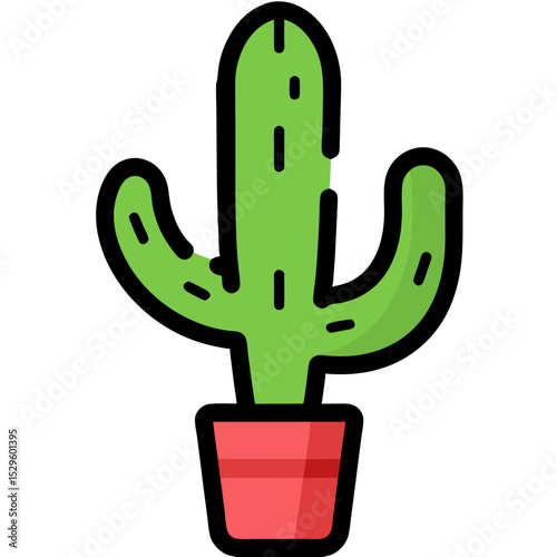 Vibrant Green Cactus in a Red Pot Simple and Stylized Illustration