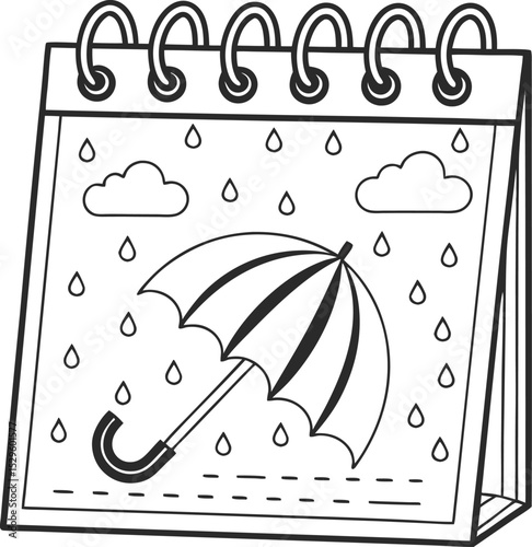 Hand-drawn vector illustration of an autumn rain abstract background with an umbrella and boat