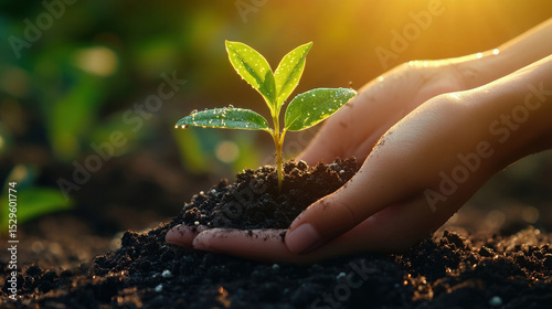 Hands cradling seedling in sunlit soil symbolizing growth and nature conservation