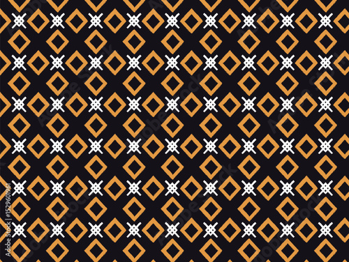 Geometric Pattern Design Orange and White Diamond Shapes on Black Background - Seamless Texture