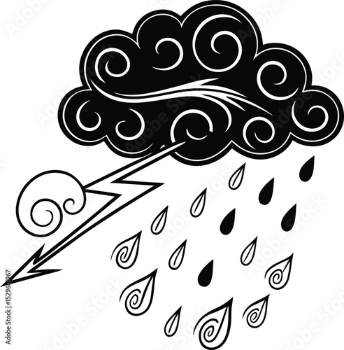 Abstract floral pattern featuring a cloud with raindrops and swirling black vintage elements