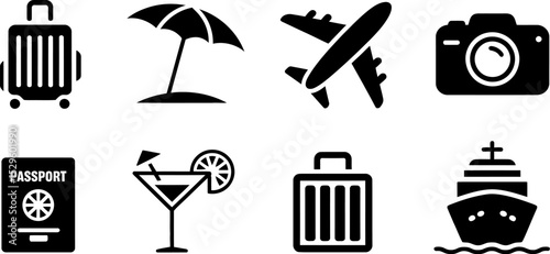 Travel icons vacation trip tourism journey adventure passport cruise airplane luggage camera 100 editable stock vector illustration