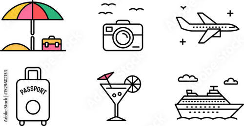 Travel vacation icons set summer holiday trip tourism adventure journey destination voyage recreation 100 editable stock vector illustration