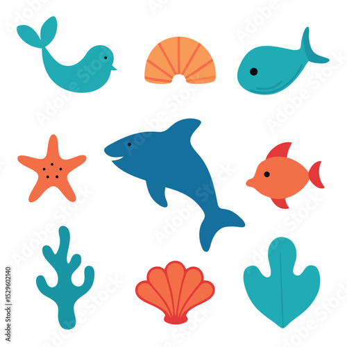 ocean set of vector doodle icon on transparent background