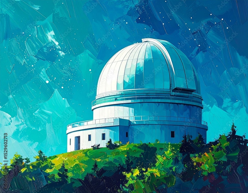 Obraz premium Majestic Observatory under a Starry Night Sky Painted Landscape