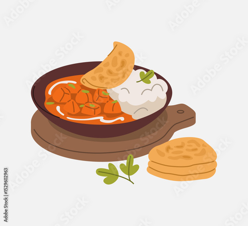 Chicken Tikka Masala with Rice and Parotta Illustration
