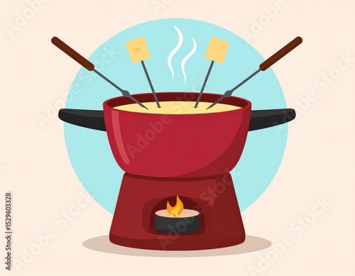 Red Fondue Pot With Melting Cheese And Skewers