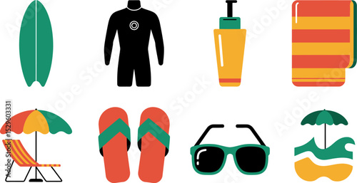Beach vacation essentials vector illustration summer holiday items and travel accessories design set icon editable stock vector illustration