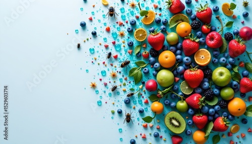 delicate white background highlights the vibrant colors of fresh fruit, a rebellious swarm rendered in sparkling teal tones cascades, subject on the left, copy space on the right