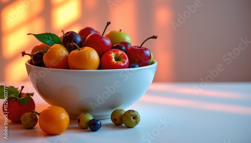 a porcelain bowl overflowing with jewel toned fruit, individually distinct and vibrant against a pristine white surface, basked in a blissful