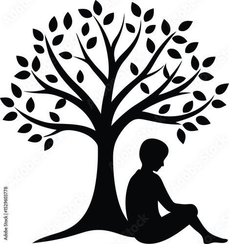 Silhouette of Person Sitting Under a Tree . Peaceful Outdoor Relaxation or Writing Concept Vector