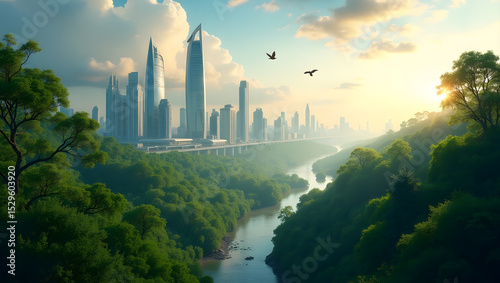 Cityscape Harmony: Lush forest gives way to a soaring cityscape in breathtaking view. Bathed in golden light, the scene blends of nature and urban ambition.