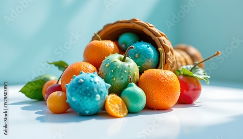 a vibrant cornucopia of dew kissed fruits, glistening with a sugary sheen, sits poised on a stark white plane, teal light sparkles like tiny jewels across their surfaces