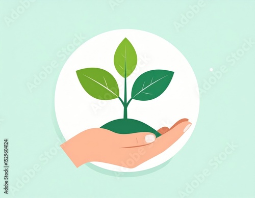 Hand Holding Sprout With Leaves, Light Green Background