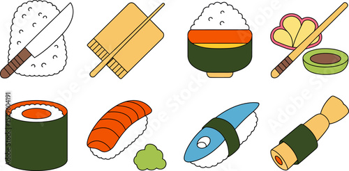 Sushi japanese food asian cuisine rice fish seafood restaurant menu delicious gourmet tasty vector art editable stock vector illustration