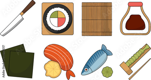 Sushi ingredients vector illustration set japanese food sashimi roll seaweed rice fish knife soy sauce mat 100 editable stock vector illustration