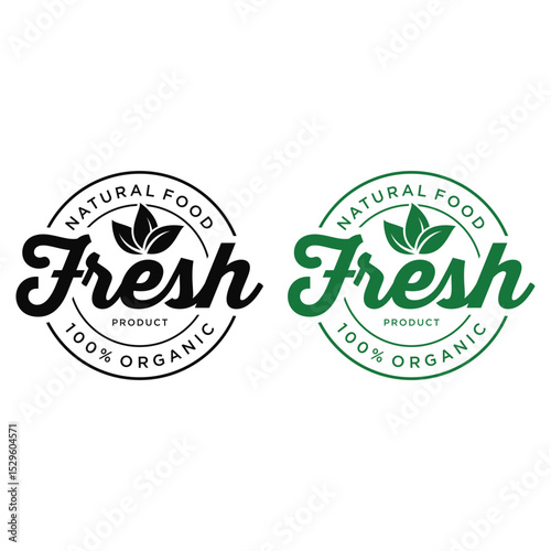  Natural Food Fresh Product 100% Organic Black and Green Vector Icon.