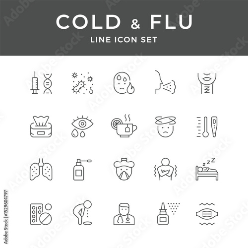 Cold and Flu Symptoms Line Icon Set Healthcare Medical Treatment Graphic Design