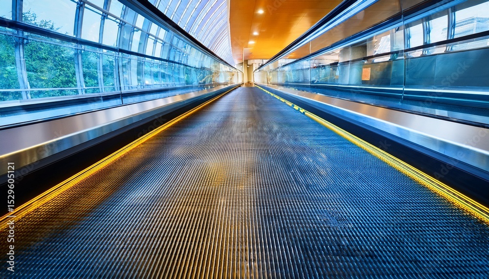 Fototapeta premium a long blue and yellow escalator with motion blur glass panels and a steel handrail against a modern architectural backdrop