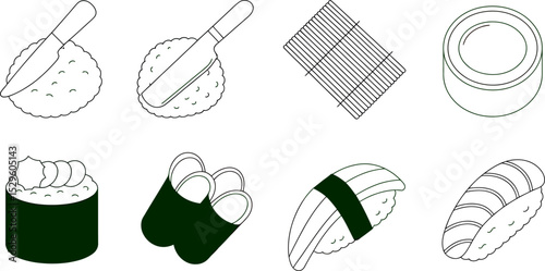 Sushi making kit illustration with knife rice mat soy sauce rolls nigiri maki food japanese cuisine art 100 editable stock vector illustration