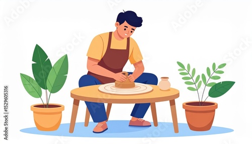 Man Shaping Clay On Pottery Wheel