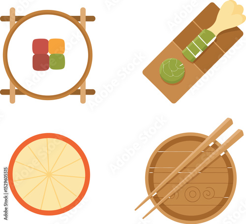 Sushi japanese food maki rolls nigiri sashimi rice wasabi ginger soy sauce chopsticks knife lemon seaweed plate editable stock vector illustration