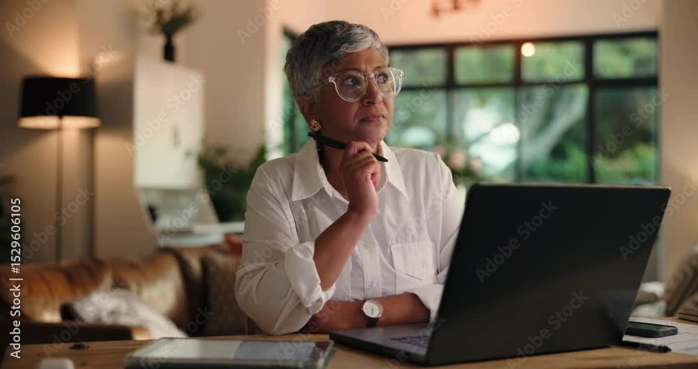 Laptop, tablet and thinking with freelance woman in home for reading information or research. Computer, deadline and remote work with mature person in apartment for small business compliance at night Laptop, tablet and thinking with freelance woman in home for reading information or research. Computer, deadline and remote work with mature person in apartment for small business compliance at night