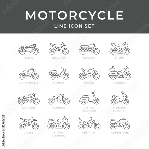 Motorcycle Line Icons Set: Retro, Enduro, Classic, Sport, Cafe Racer, Moped, Naked, Touring, Cruiser, Bobber, Scooter Designs
