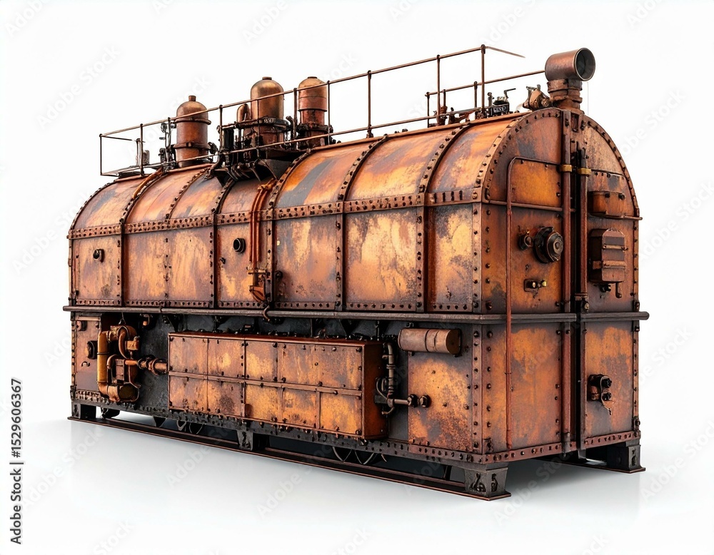 Naklejka premium Vintage Rusty Copper Steam Engine Boiler Industrial Machinery Isolated on White Background
