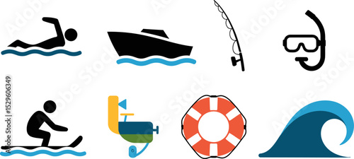 Water sports activities recreation vector icons swimming boating fishing diving skiing safety wave fun 100 editable stock vector illustration