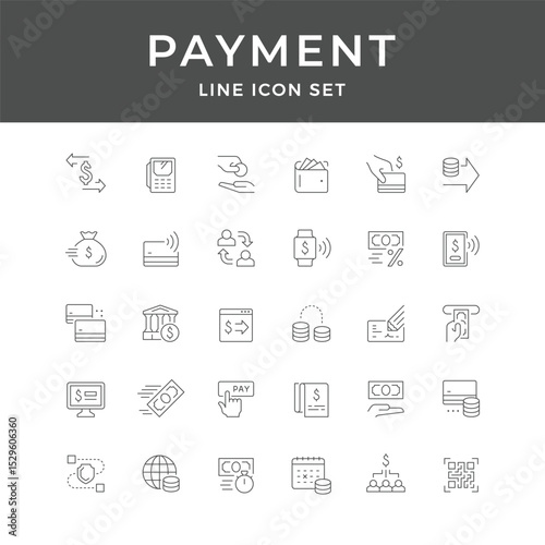 Comprehensive Payment Method Icons Set:  Finance, Banking, and Transaction Line Art Graphics
