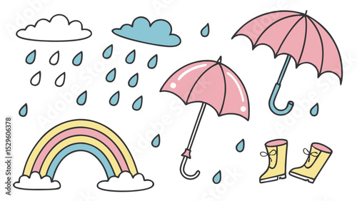 Colorful Rainy Day Delights: An illustrated scene bursting with cheerful weather symbols, featuring raindrops, clouds, and umbrellas, promising a vibrant and playful atmosphere.