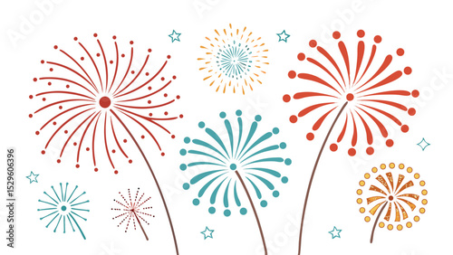 Festive Fireworks Display: A vibrant spectacle of colorful fireworks, bursting with energy and excitement against a backdrop of twinkling stars, representing celebration and joy.