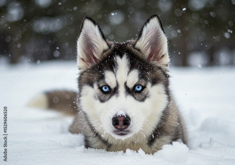 Naklejka premium Blue-Eyed Husky Puppy Playing in Winter Snow
